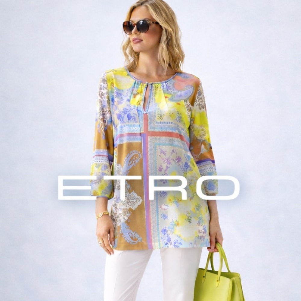 ETRO Milano Paisley Scarf Print Tunic Blouse Keyhole Neck Italy Size 44 US 8